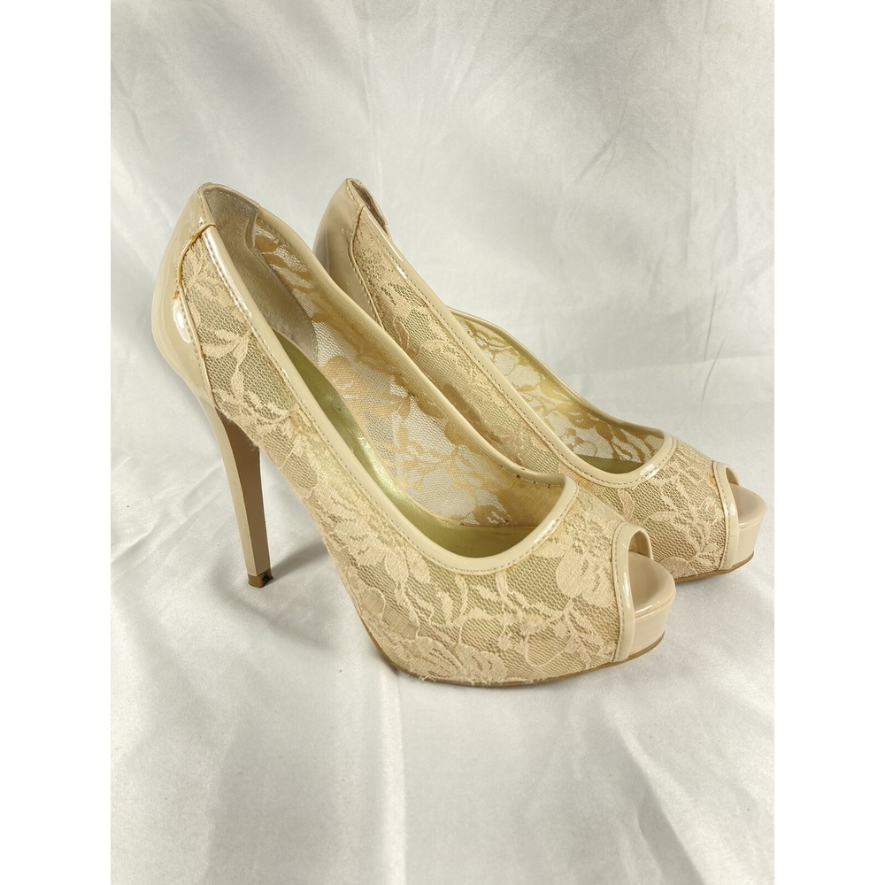 Vtg Guess Open Toe High Heels Embroidered Ivory Cream sz 5 1/2 Wedding Formal